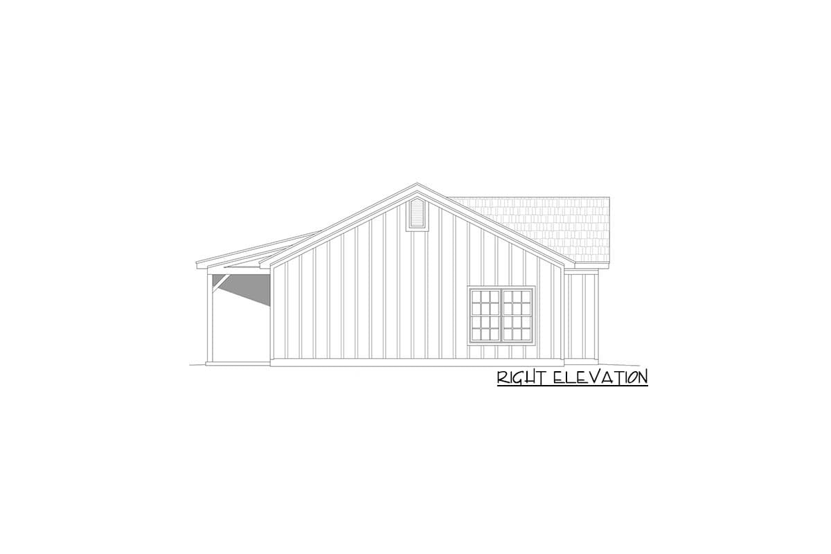 Right elevation of a house plan showing a covered porch, vertical siding, gable roof, and a multi-pane window.
