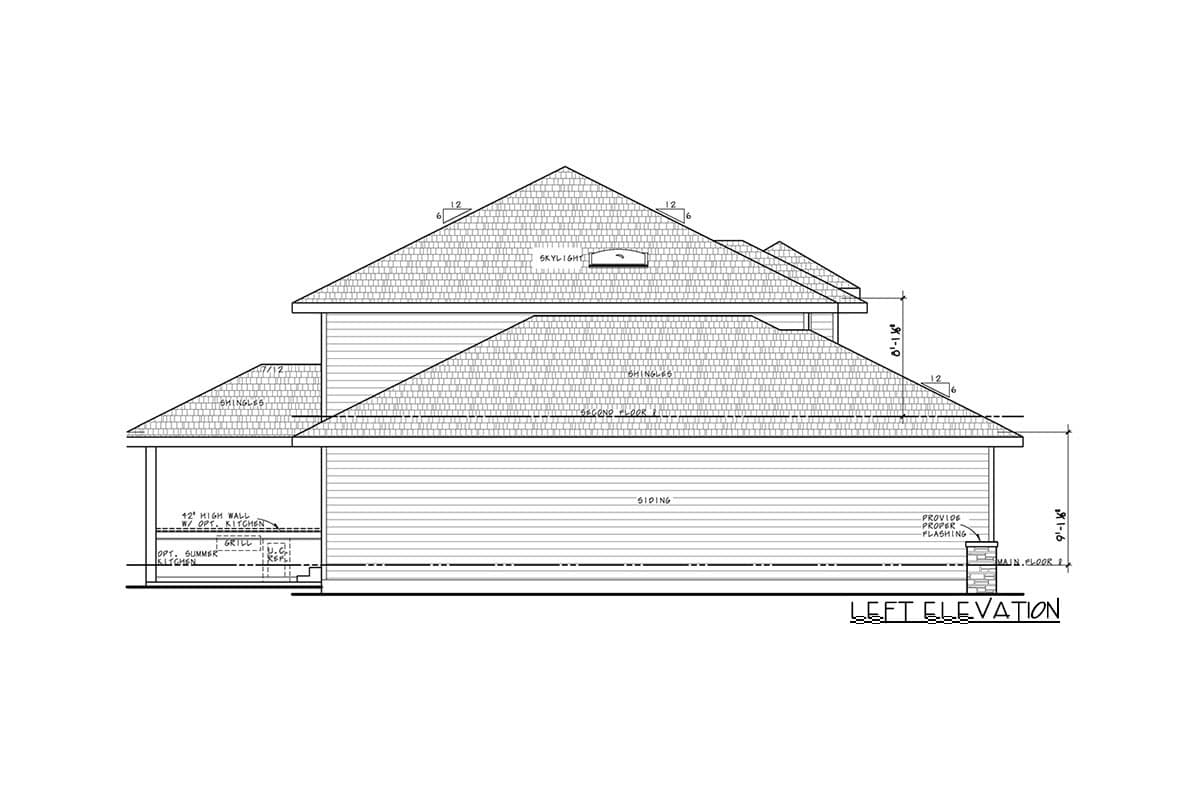 Left elevation house plan drawing showing pitched roof with skylight, siding, and optional summer kitchen.