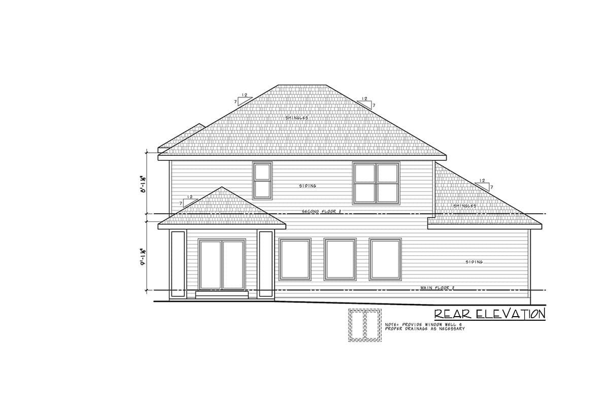 Rear elevation of a two-story house plan, showing siding, shingled roof, and multiple windows.