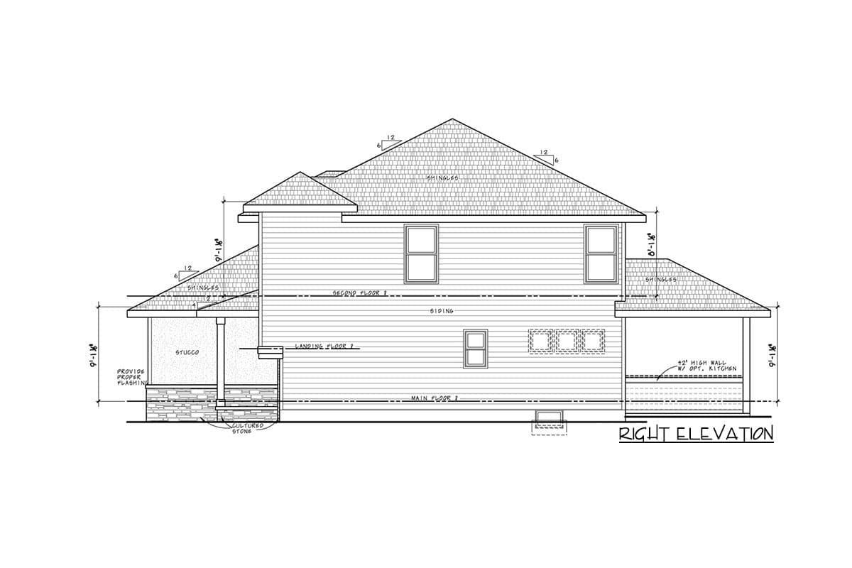 Right elevation floor plan showing a two-story house with siding, stucco, cultured stone accents, and a covered porch.