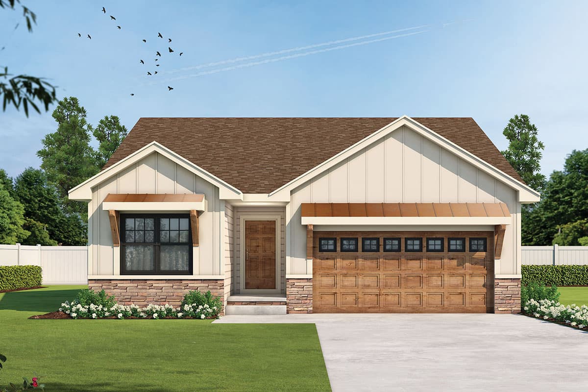 House plan exterior featuring a Craftsman style with a single story, a gable roof, and an attached two-car garage with a wood-look door.