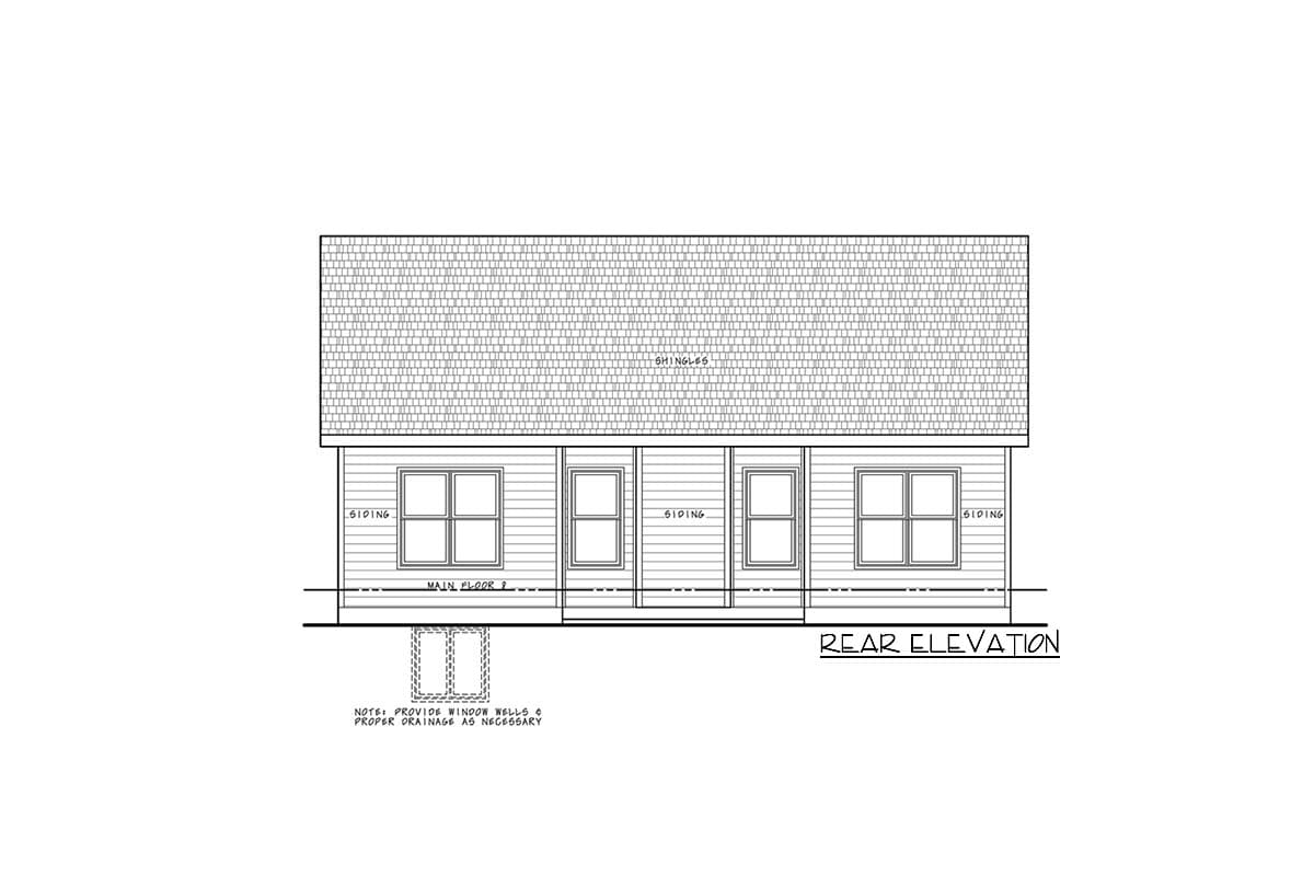 Rear elevation drawing of a house plan with siding, four windows, and a gabled roof with shingles.