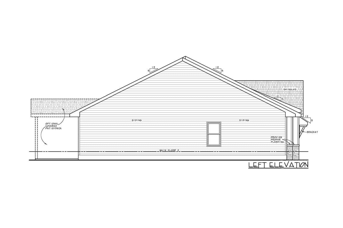 Left elevation house plan showing siding, roof shingles, window, and optional covered patio/deck.