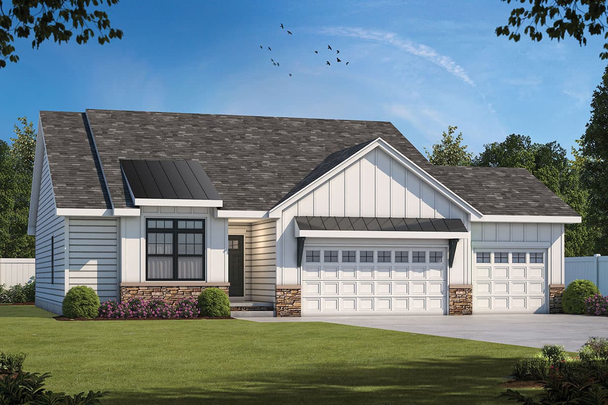 Modern Farmhouse style house plan exterior with a gabled roof, board and batten siding, stone accents, and a 3-car garage.