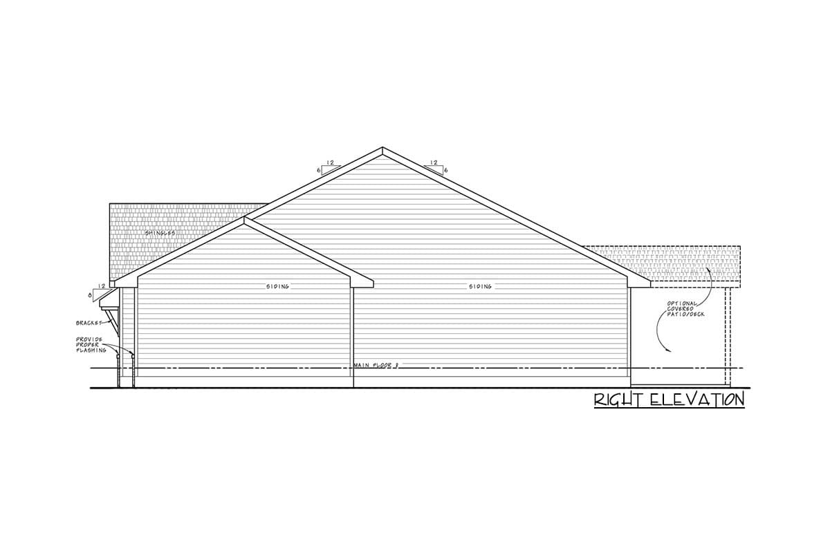 Right elevation of house plan showing siding, shingles, rooflines, and optional covered patio/deck.