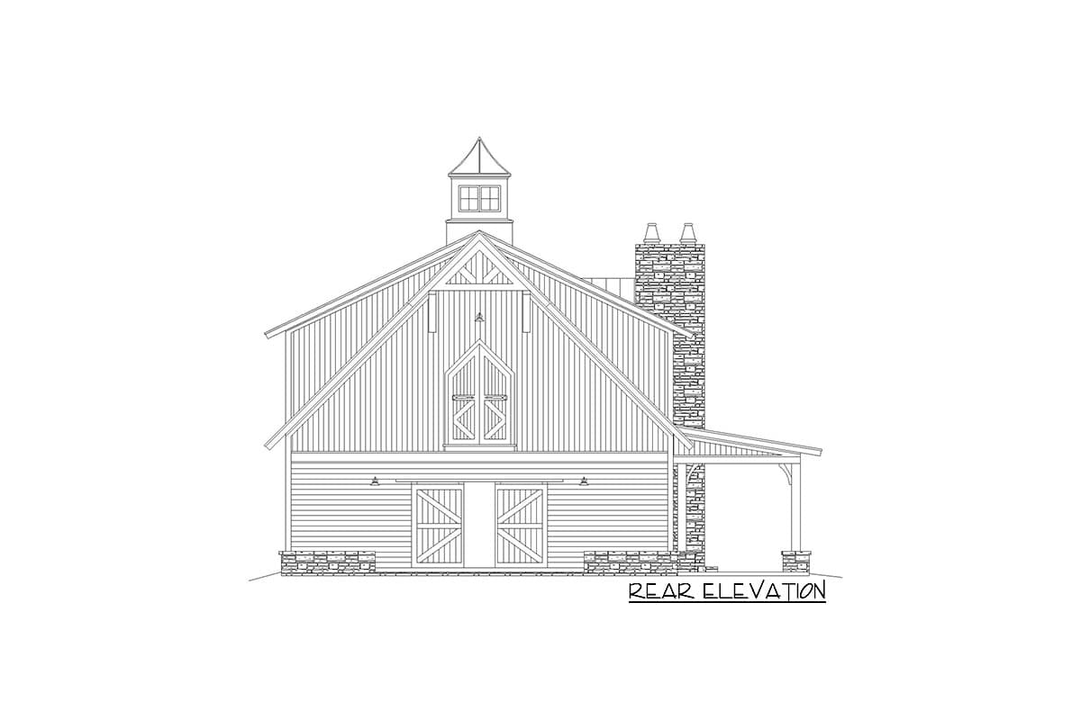 Barn style house plan exterior elevation with cupola, large gable vent, stone chimney, and double barn doors.