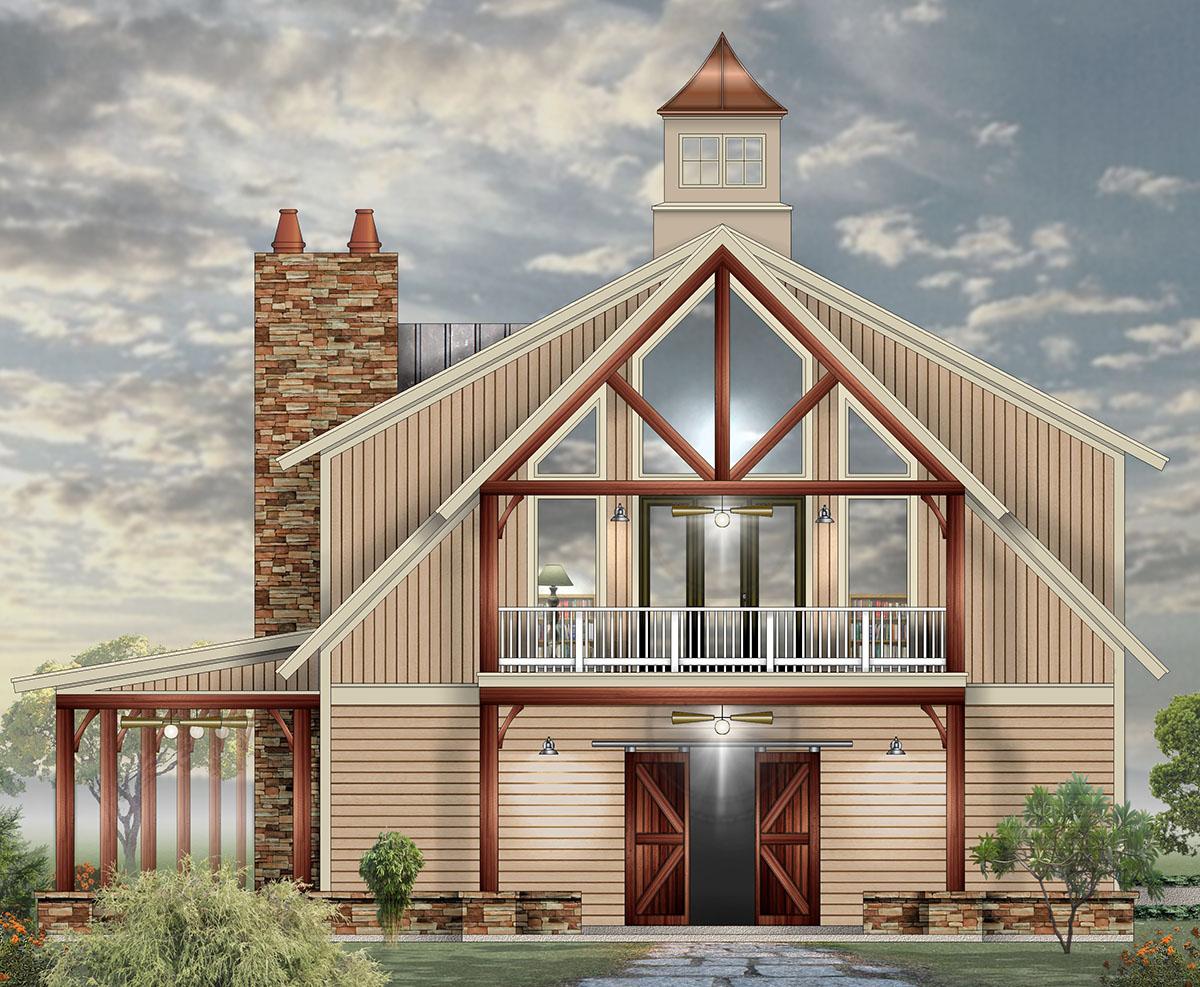 House plan exterior. Two-story barn-style house with board-and-batten siding, large gables, a balcony, and sliding barn doors.