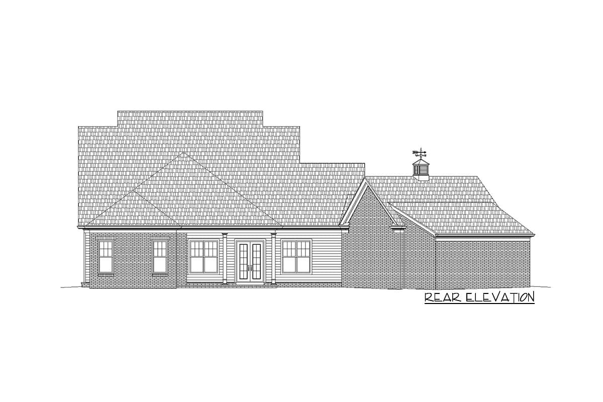 Rear elevation house plan drawing showing brick and clapboard siding, multiple roof levels, windows, double doors, and a cupola with a weather vane.