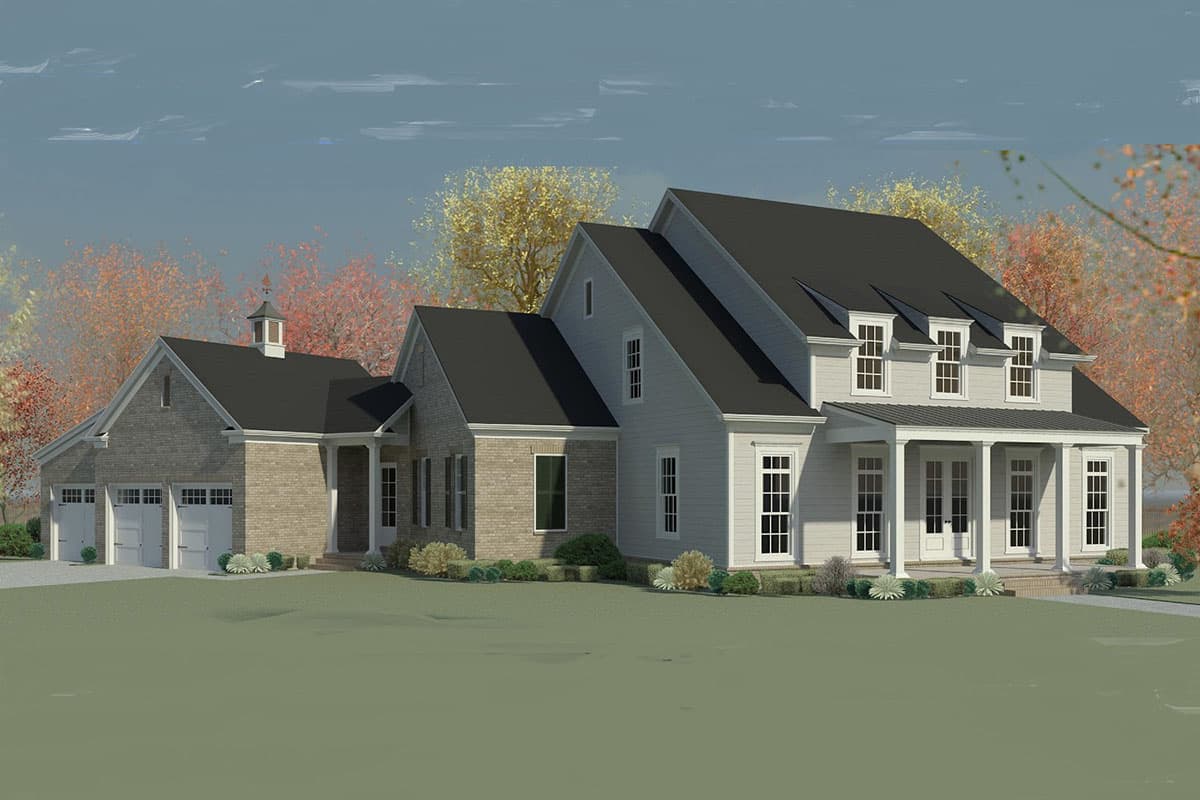 House plan exterior with two stories, a front porch with columns, a detached garage, and dormers on the roofline.