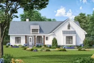 New American Ranch Home Plan with Shed Dormer and Vaulted Rear Porch