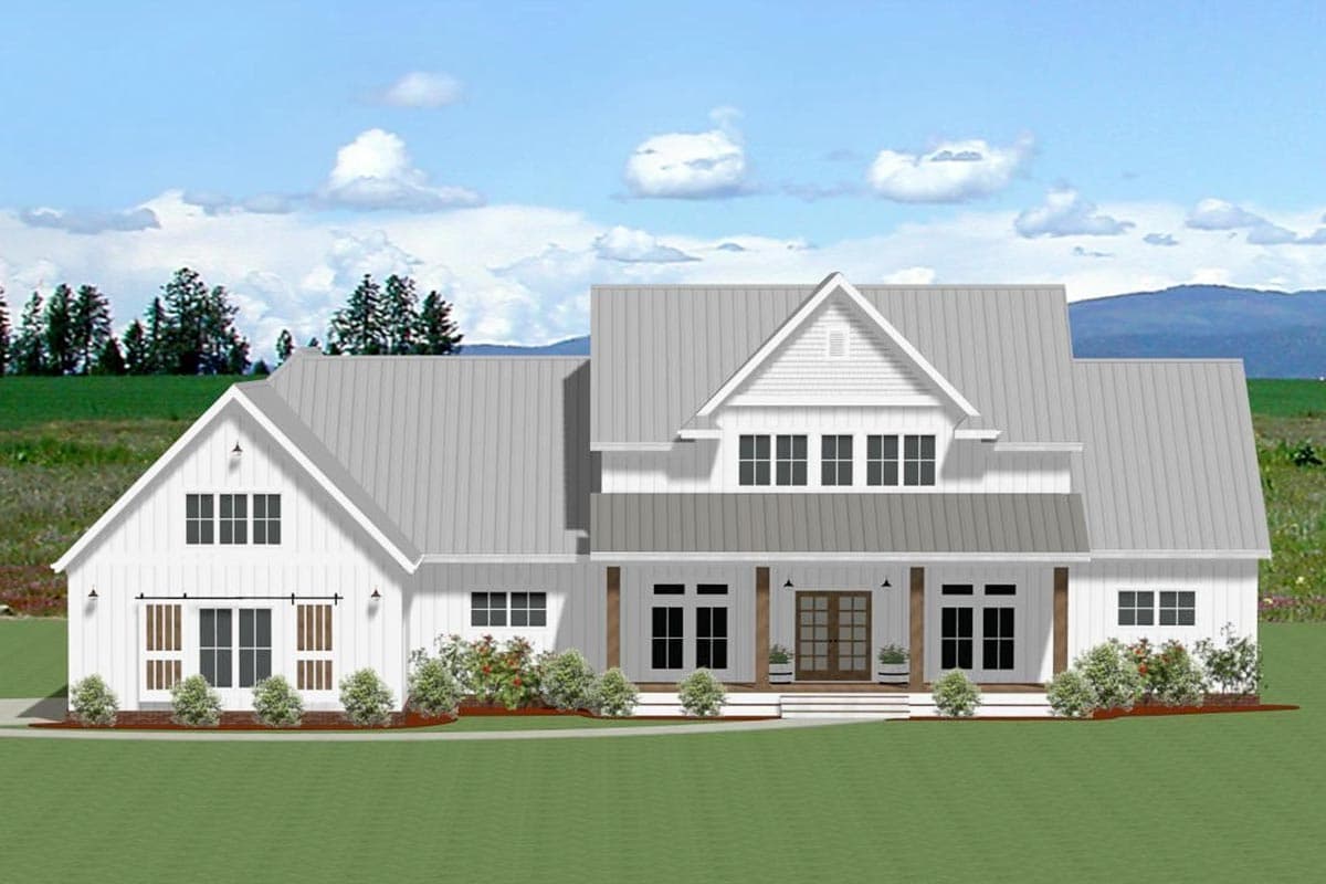 House plan exterior rendering. Modern Farmhouse style with a gabled roof, front porch, and dormers. Two-story with board and batten siding.
