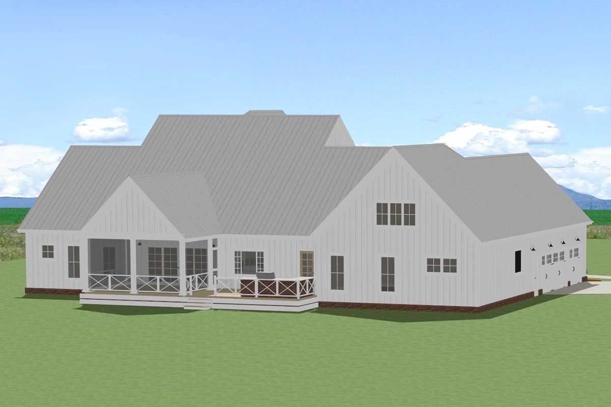 Modern Farmhouse house plan exterior with a wraparound porch, multiple gables, and an attached multi-car garage.