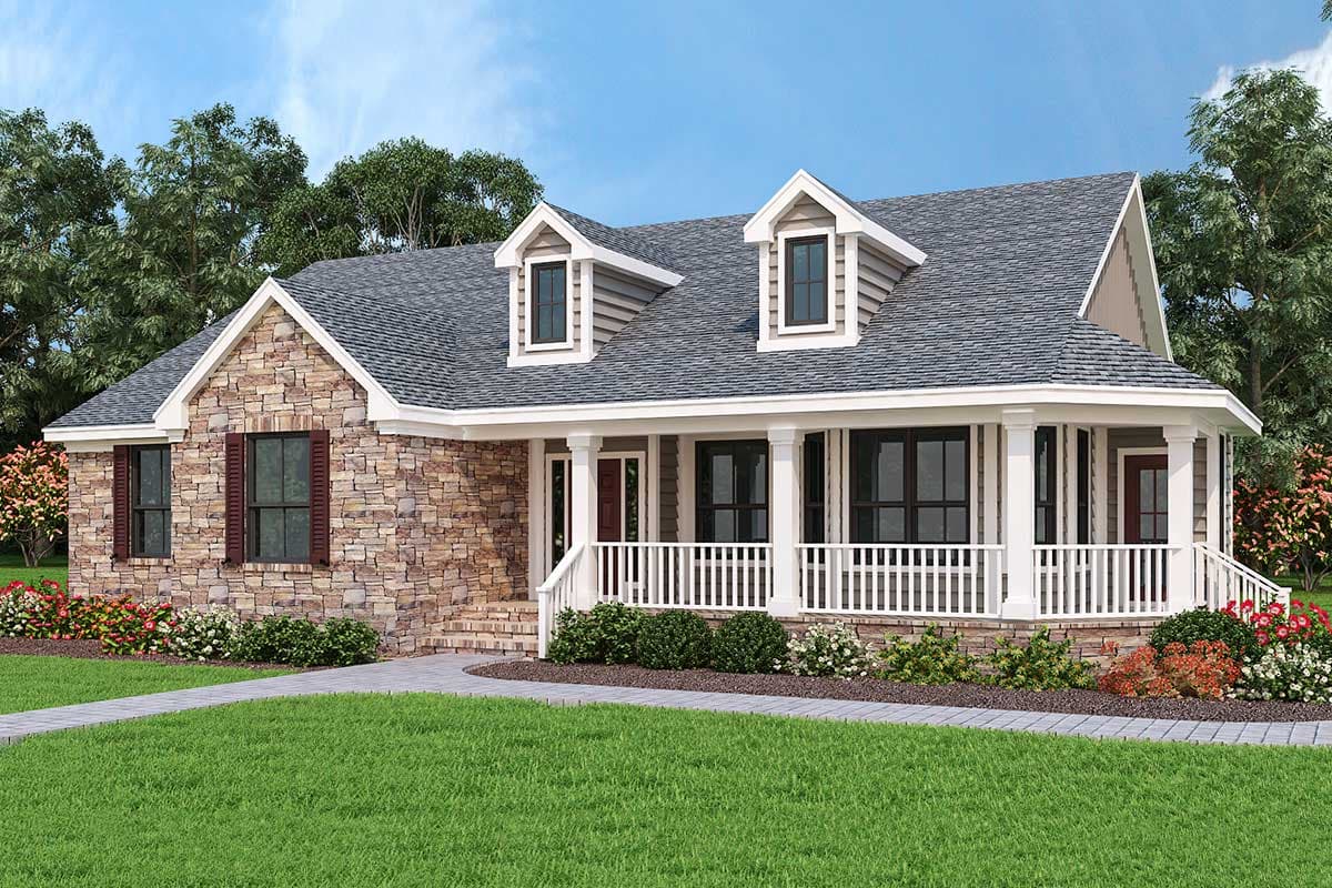 House plan exterior with stone veneer, gabled roof, and a front porch with columns and a railing. Includes two dormers on the roof.