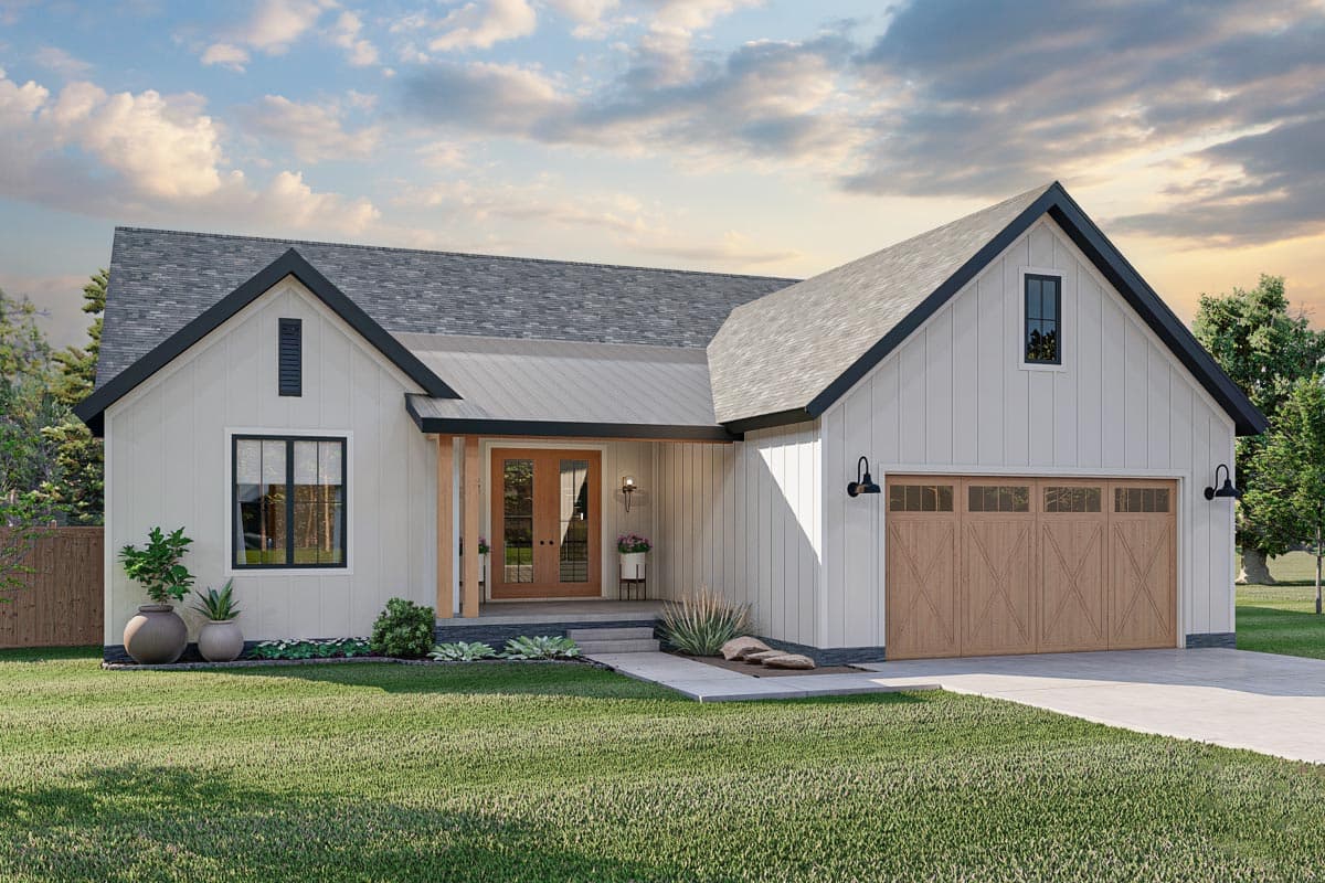 House plan exterior. Modern Farmhouse style with gabled roof, covered porch, and attached garage. Two stories.