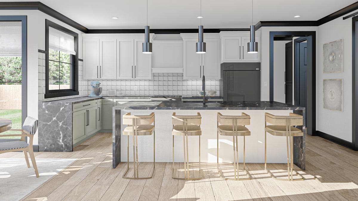 Kitchen with large island, white cabinets, subway tile backsplash, marble countertops, and pendant lighting.