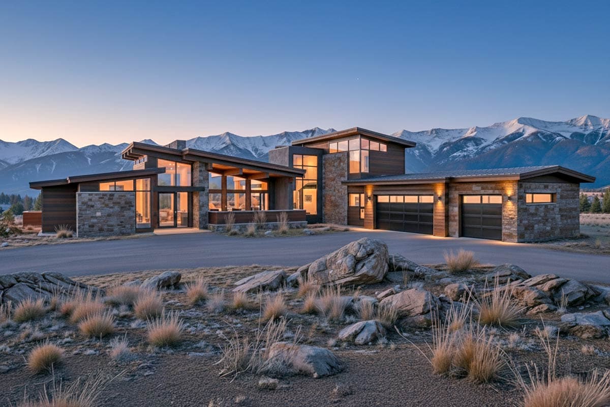 A modern, multi-level home with large windows and a stone exterior sits at the base of snow-capped mountains under a twilight sky.