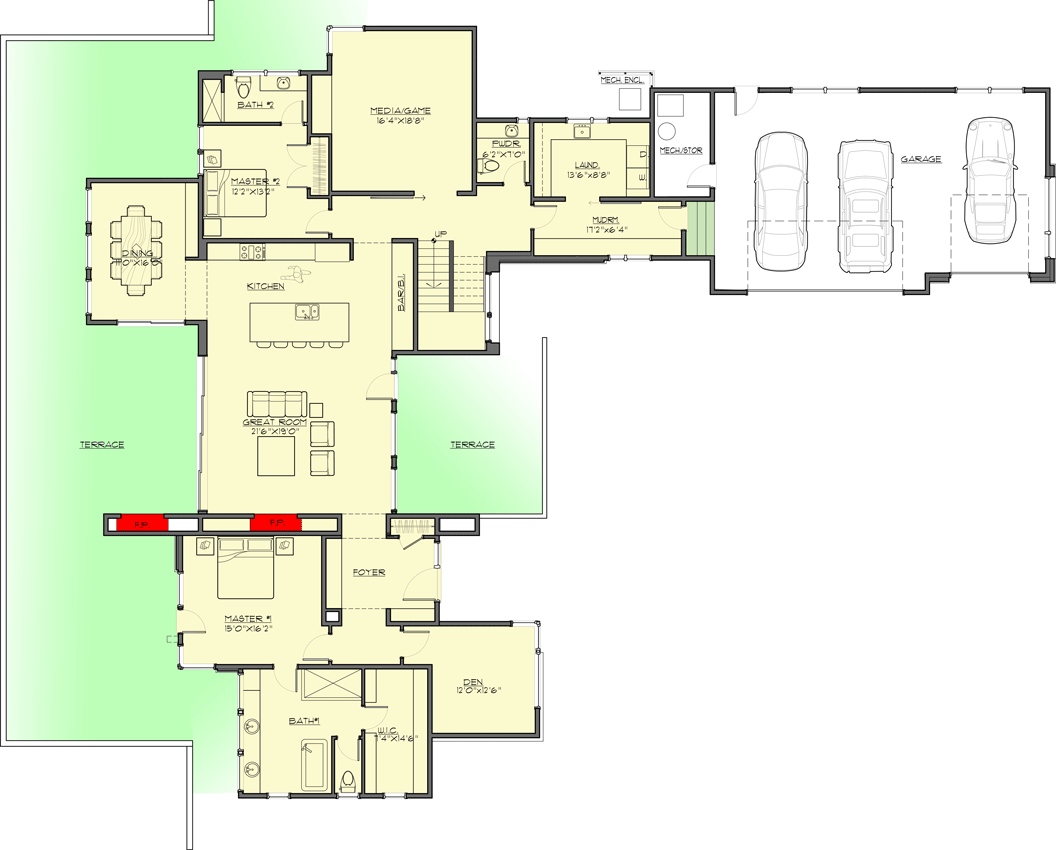 Plan 54242HU: Contemporary 4-Bed Home Plan with Two Main-level Master Suites - Floor Plan - Main Level - Contemporary, Mid Century Modern, Modern, Mountain, Northwest