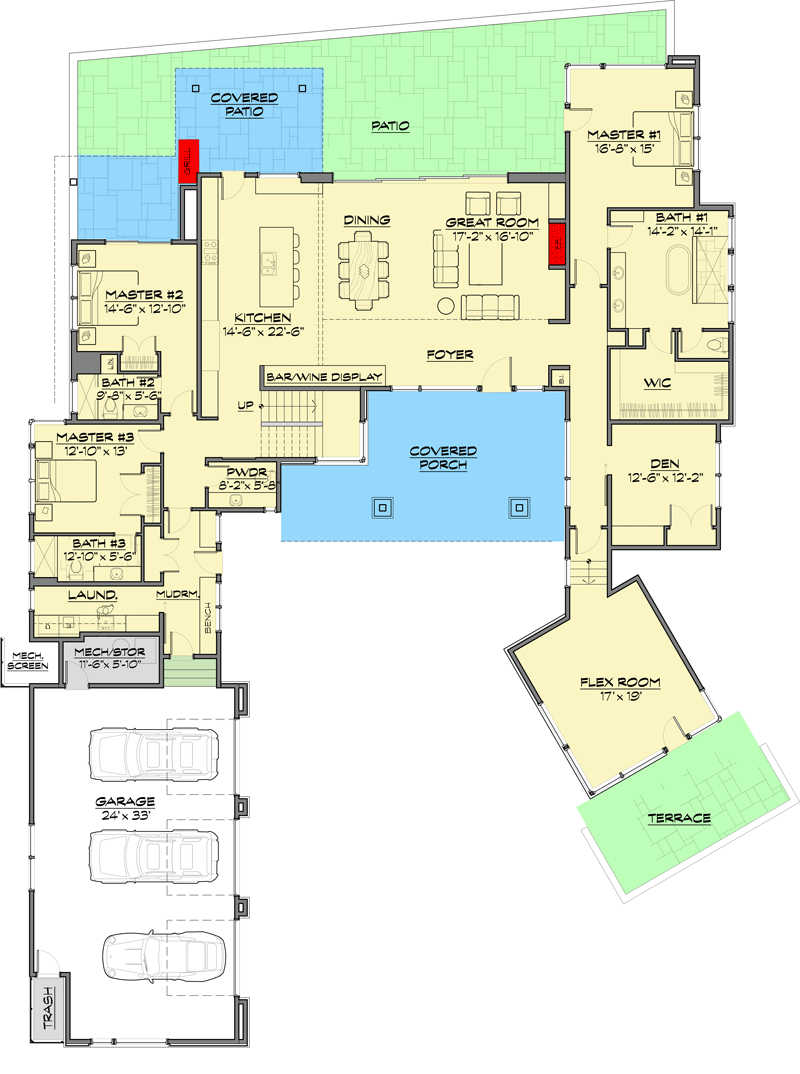 Plan 54243HU: Spacious Contemporary Northwest Home Plan with Glass-enclosed Great Room - Floor Plan - Main Level - Contemporary, Mid Century Modern, Modern, Northwest