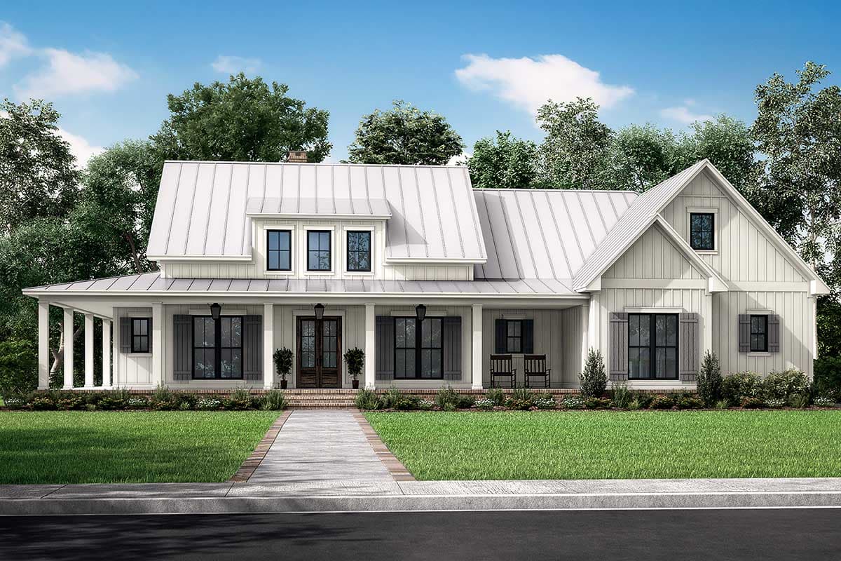 House plan exterior. Two-story Modern Farmhouse with a gabled roof, dormers, and a covered porch with columns. Features dark-framed windows.
