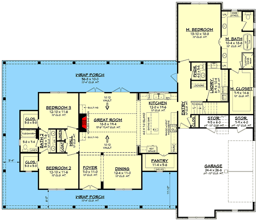 Plan 51870HZ: 3-Bed Modern Farmhouse with 10'-Deep Wrap Around Porch and a Bonus Room - Floor Plan - Main Level - Country, Modern Farmhouse, Southern