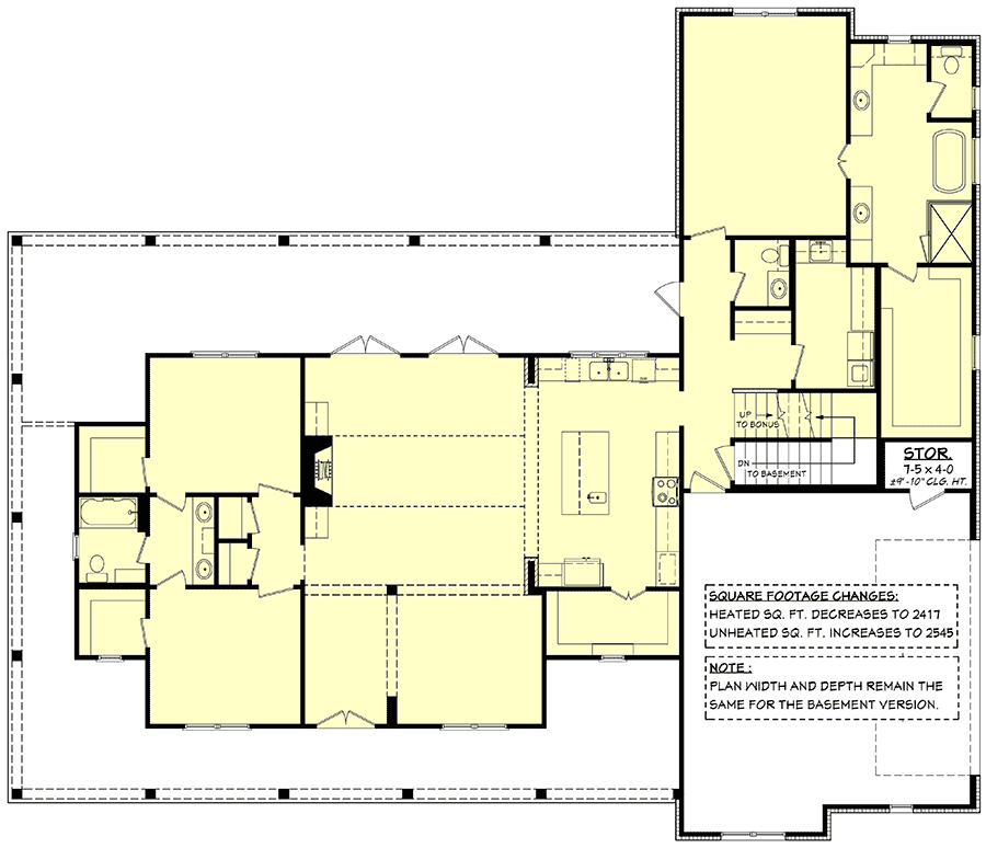Plan 51870HZ: 3-Bed Modern Farmhouse with 10'-Deep Wrap Around Porch and a Bonus Room - Floor Plan - Optional Basement Stair Location - Country, Modern Farmhouse, Southern