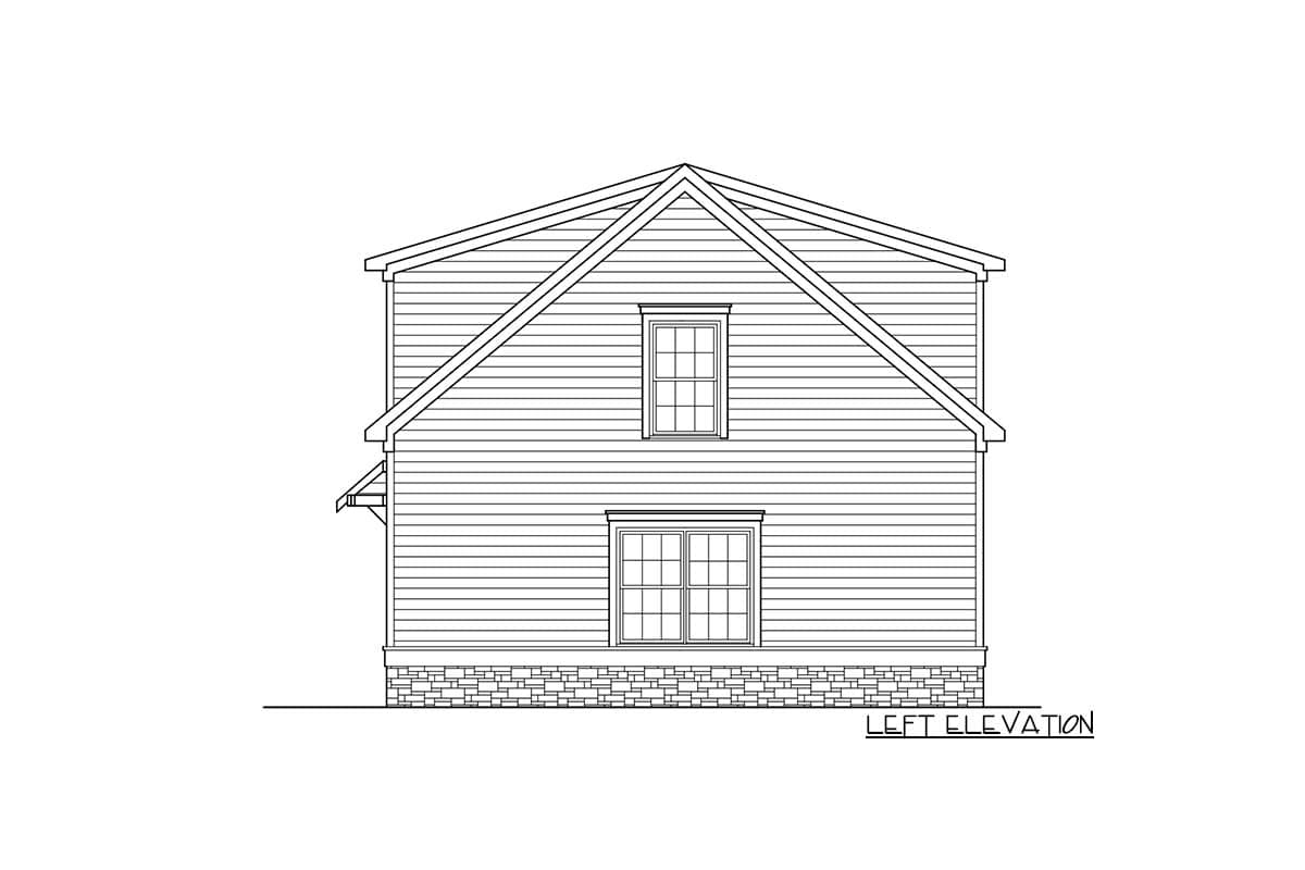 Left elevation house plan with two stories, clapboard siding, stone foundation, and gabled roof.