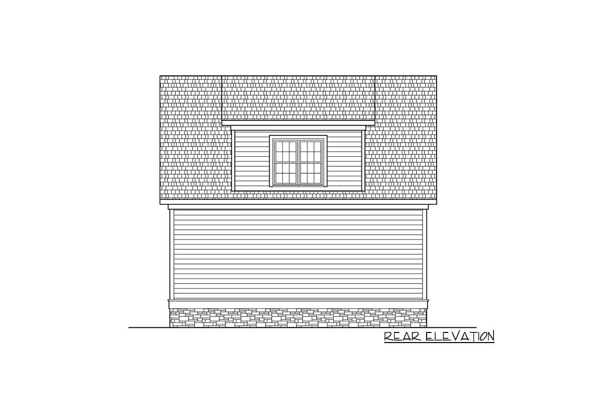 Rear elevation of a house plan showing a dormer with a window above horizontal siding and a stone foundation.
