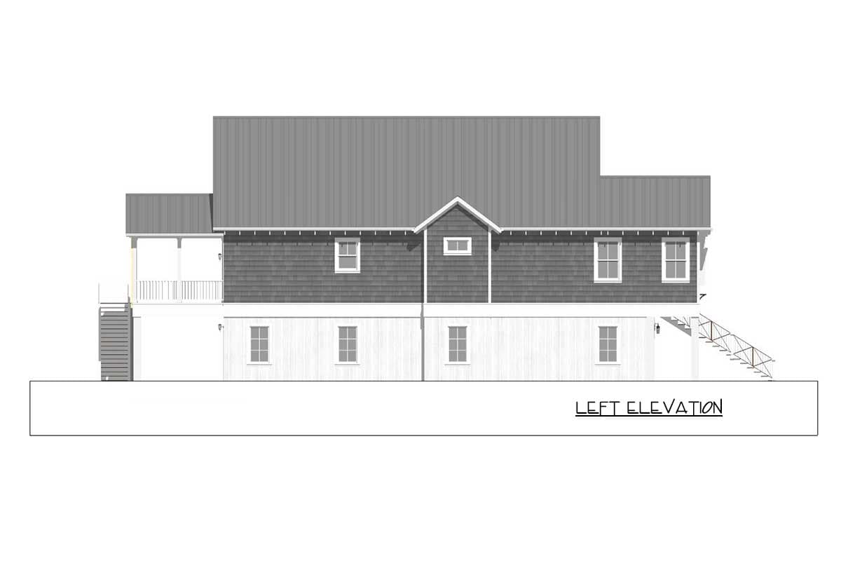 Left elevation drawing of a house plan with a gabled dormer, metal roof, and shingle siding.