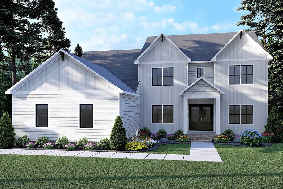 House plan exterior. Two-story Modern Farmhouse with gables, a covered entry porch, and dark-framed windows. Features clapboard siding.