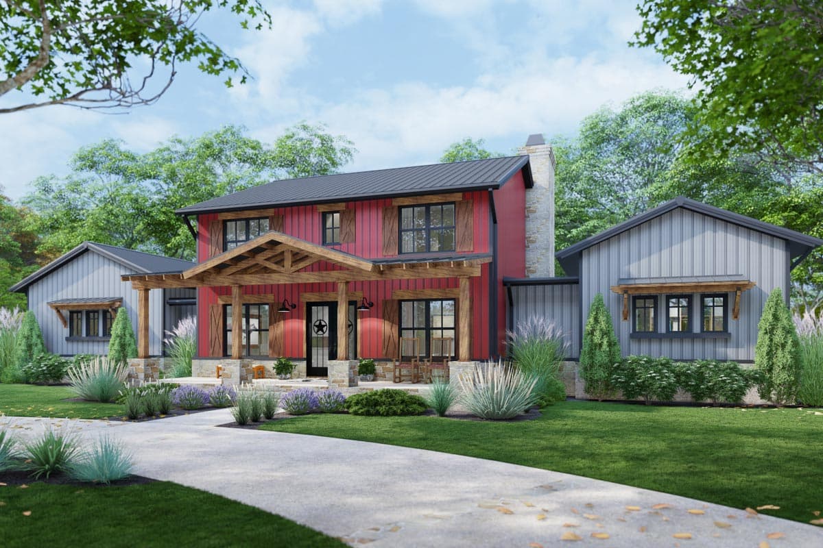 House plan exterior: Modern Farmhouse style, two stories, red vertical siding, stone chimney, gabled roof, and covered front porch with exposed beams.