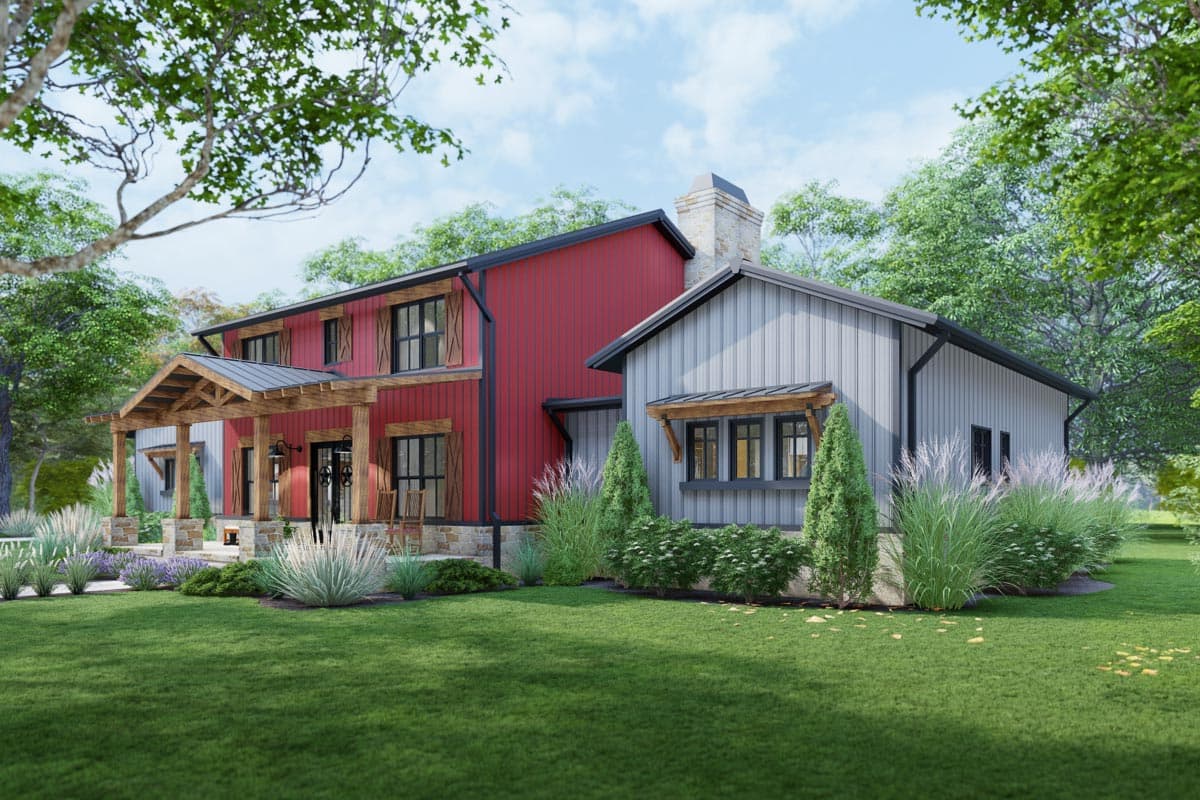 Modern Farmhouse house plan exterior with red and gray siding, a covered porch, stone chimney, and gabled rooflines.