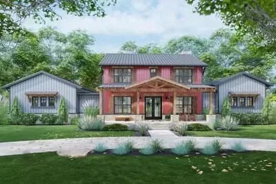 Metal Framed 4-Bed Modern Farmhouse Plan with Home Office
