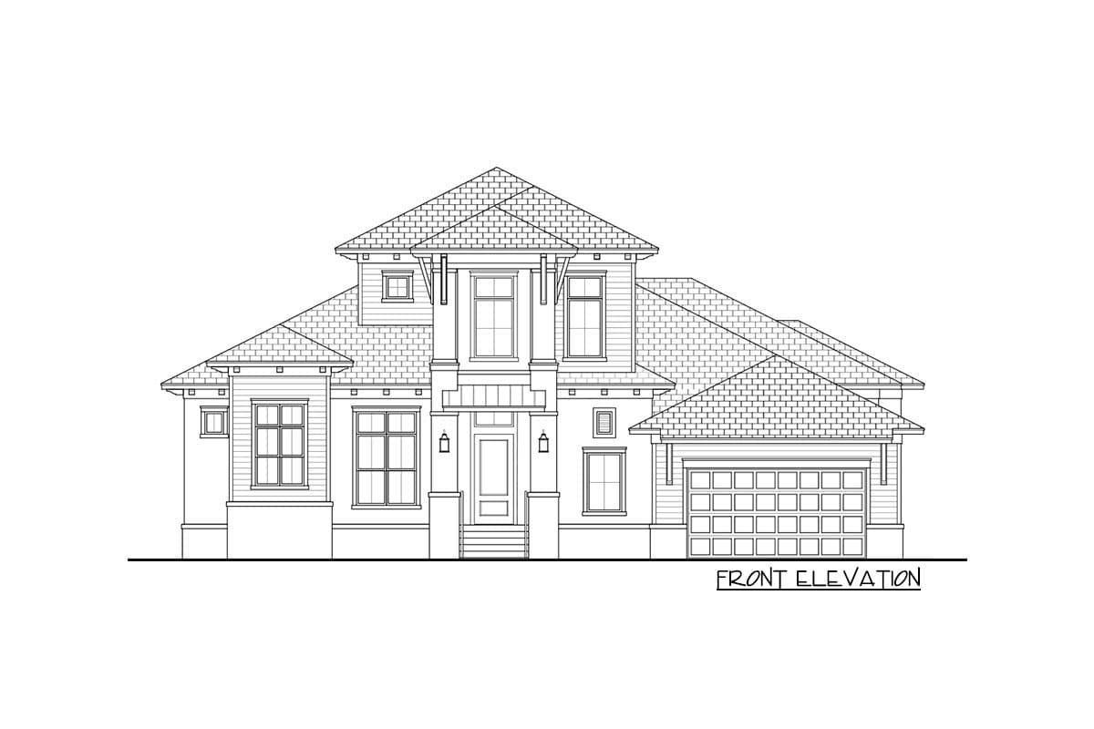 Front elevation drawing of a two-story house plan with a prominent gabled roof, multiple dormers, and a two-car garage.