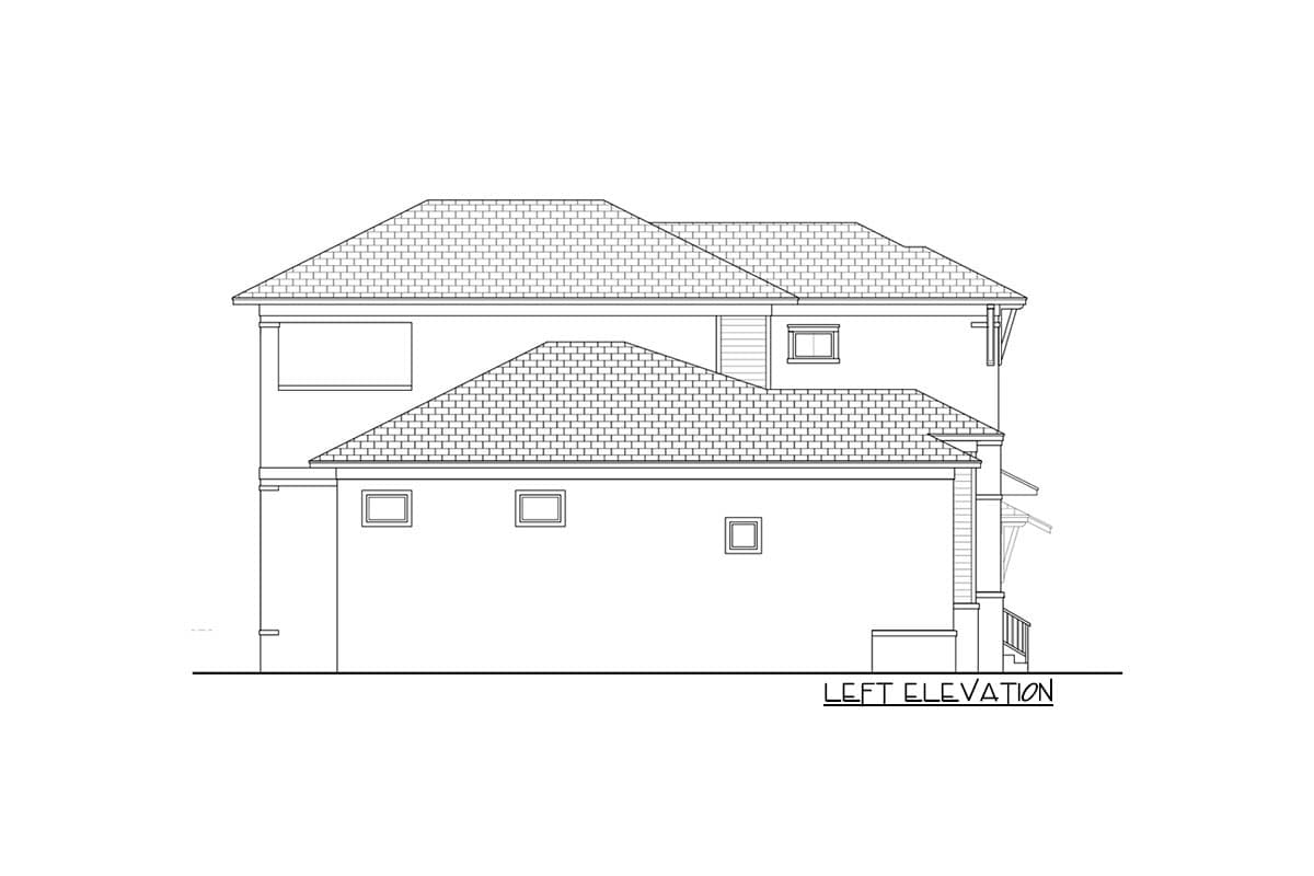 Left elevation drawing of a two-story house plan with multiple gables and pitched roofs.