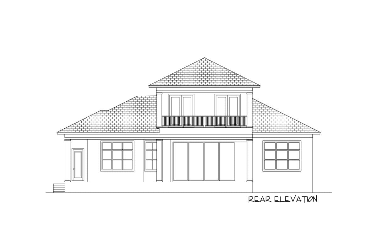 Rear elevation of a two-story house plan with a balcony, multiple windows, and a hipped roof.