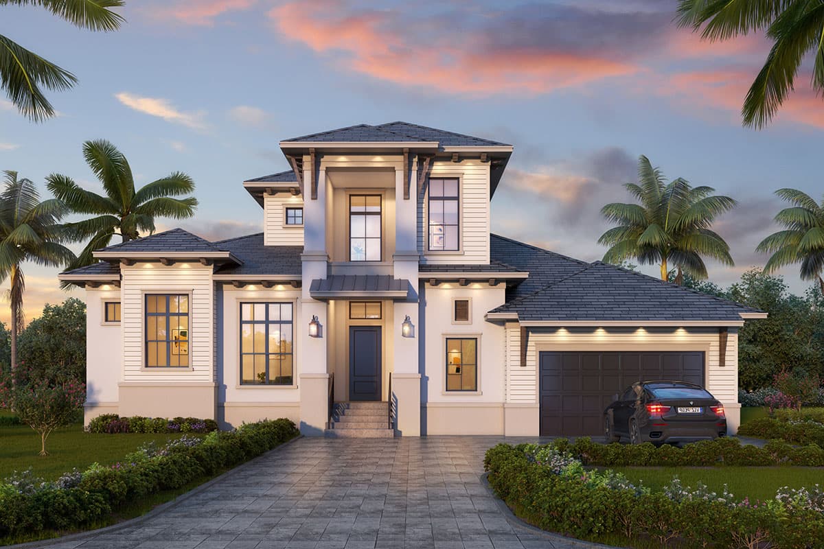 House plan exterior featuring two-story design, dark shingle roof, balcony, and attached garage. Includes palm trees and driveway.