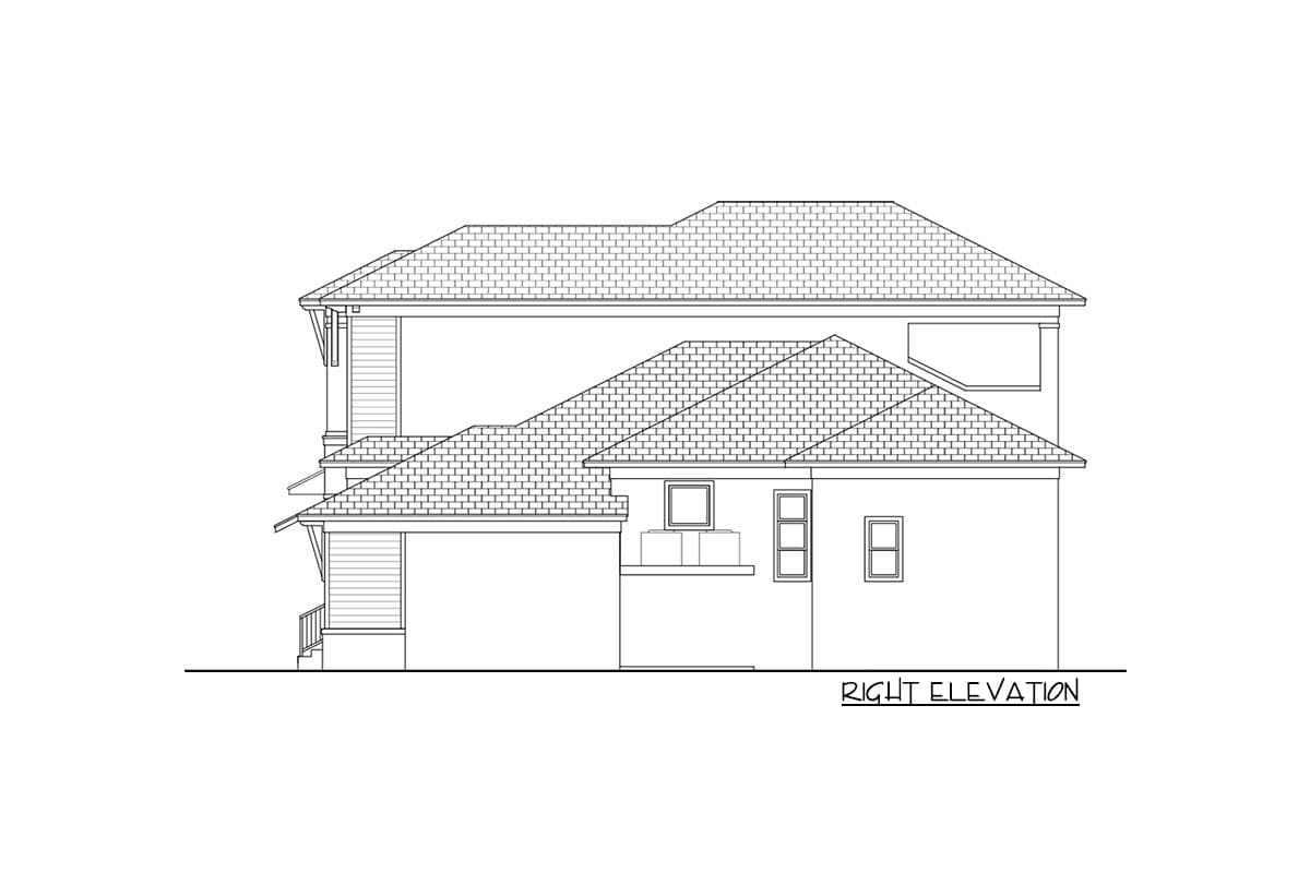 Floor plan right elevation drawing showing a multi-story house with pitched roofs, gables, and windows.