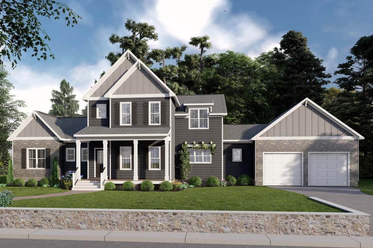 House plan exterior. Two-story home with a gabled roof, front porch, and attached garage with stone facade. Stone retaining wall in front.