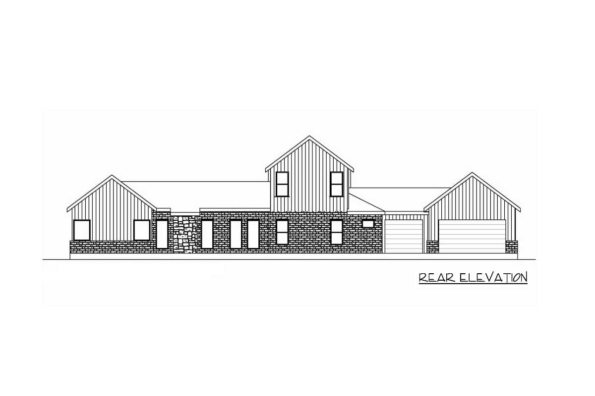 Rear elevation house plan drawing showing a one-story structure with a partial second-story dormer, stone facade, and a two-car garage.