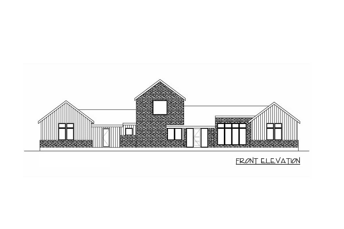 Front elevation drawing of a one-story house with brick and vertical siding, featuring gabled sections and large windows.