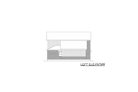 Left elevation drawing of a house plan showing brick base, vertical siding, and a flat roofline.