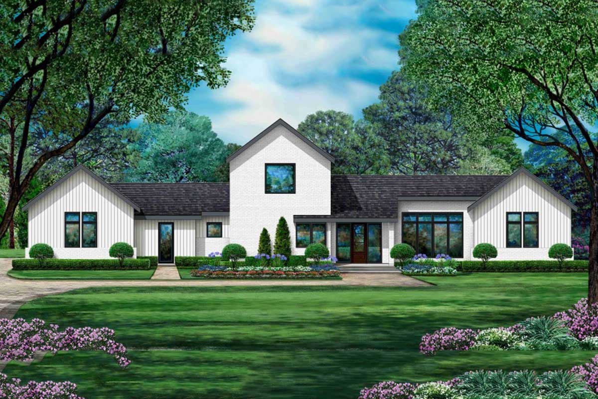 House plan exterior featuring a one-story, modern farmhouse style with a gabled roofline, dark windows, and a central entry element.
