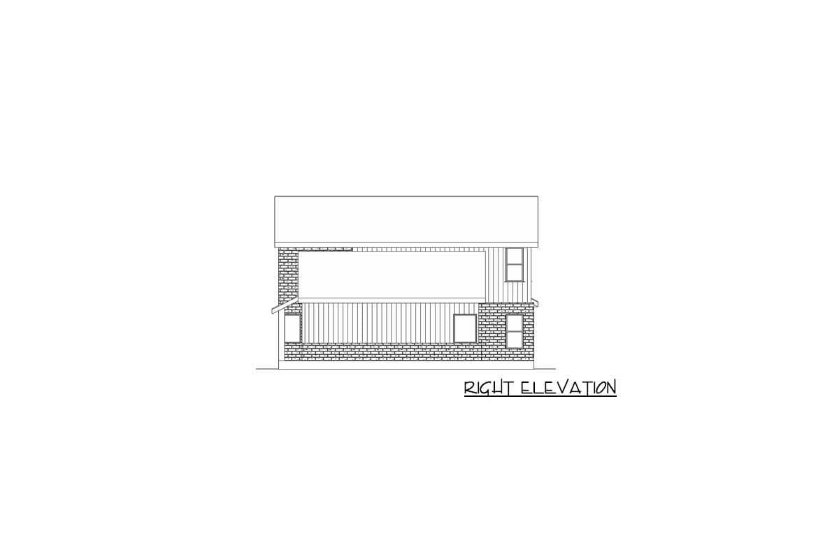 Right elevation drawing of a two-story house plan featuring brick and vertical siding, a prominent horizontal band, and a hipped roof.