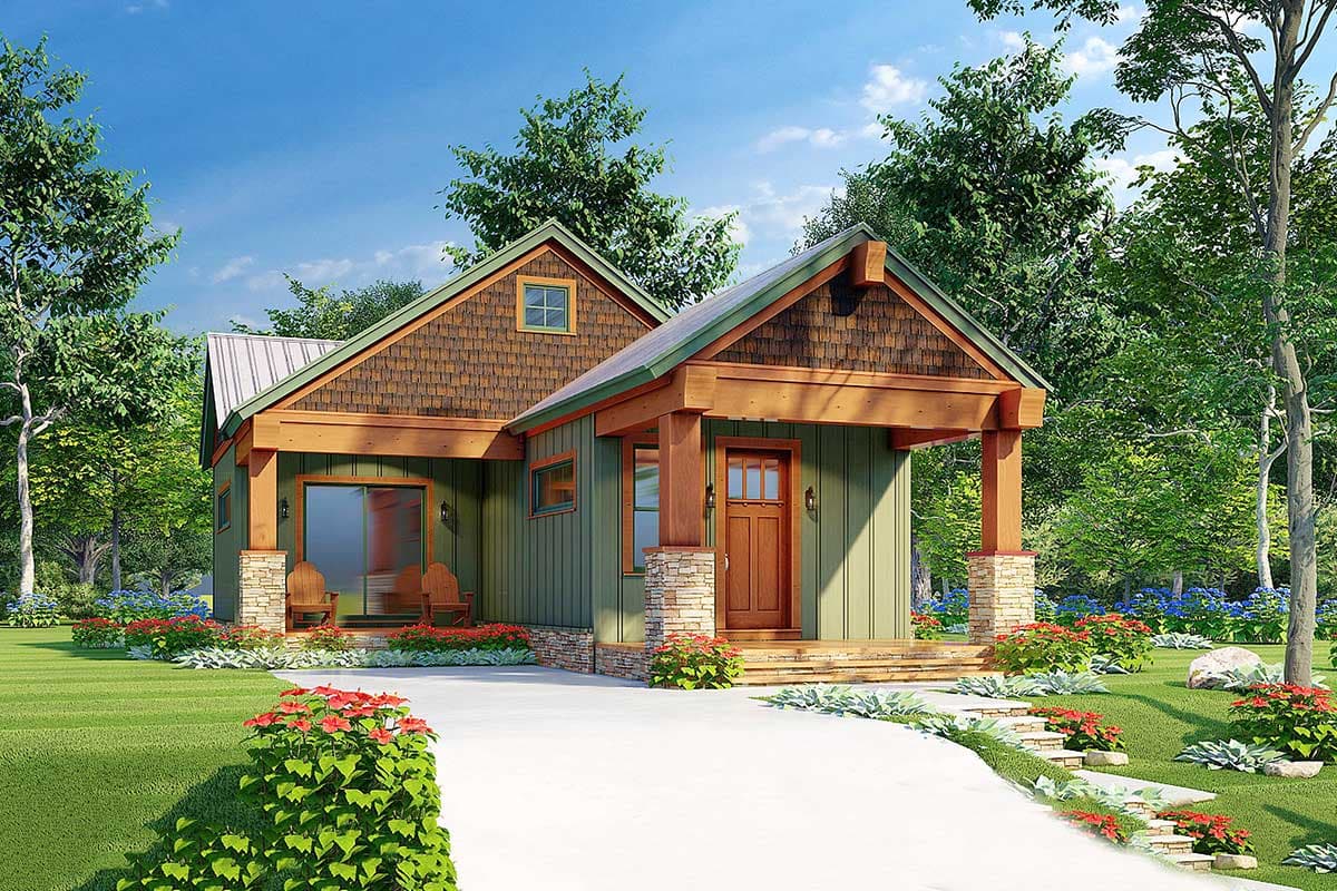 House plan exterior. Craftsman style, single-story home with gables, a covered porch, and a wood-shingled roof accent.