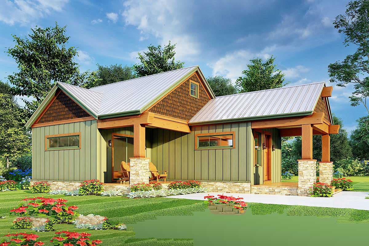 House plan exterior, one story, Modern Farmhouse style, metal roof, wood beams, stone and vertical siding, covered porches.