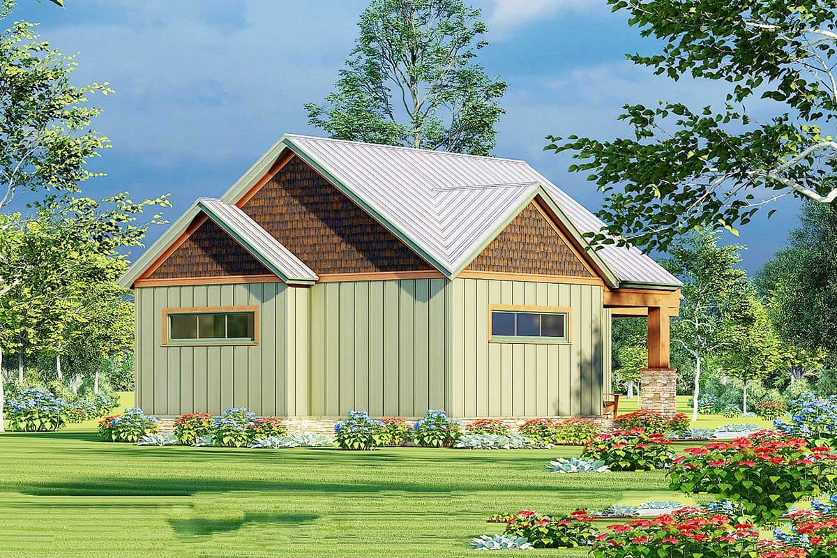 House plan exterior: Small structure with metal gable roof, vertical siding, and shake accents on gables. Small covered porch with stone support.