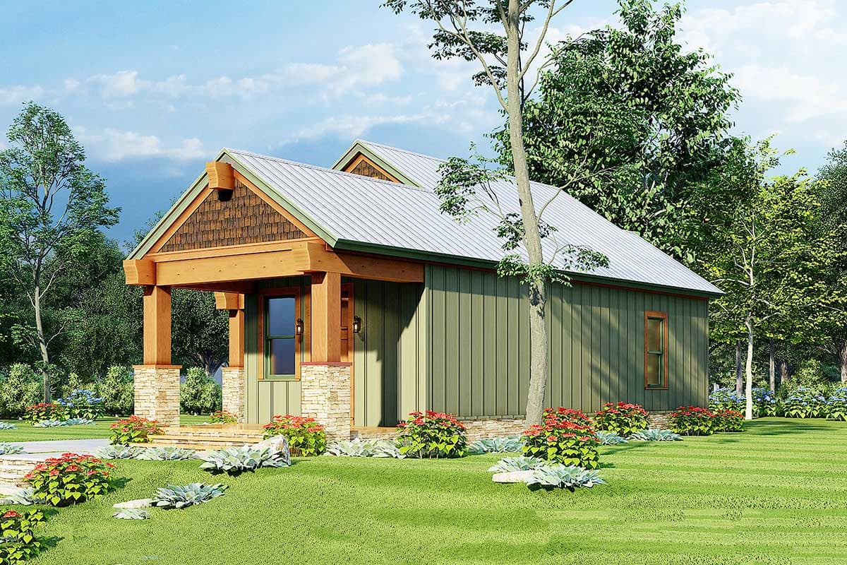 House plan exterior featuring a covered front porch with stone and wood pillars, metal roof, and vertical siding.
