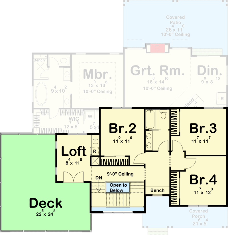 Plan 623024DJ: 4-Bed Modern Farmhouse with a Loft and Party Deck Above the Garage - 2499 Sq Ft - Floor Plan - 2nd Floor - Country, Modern Farmhouse, New American