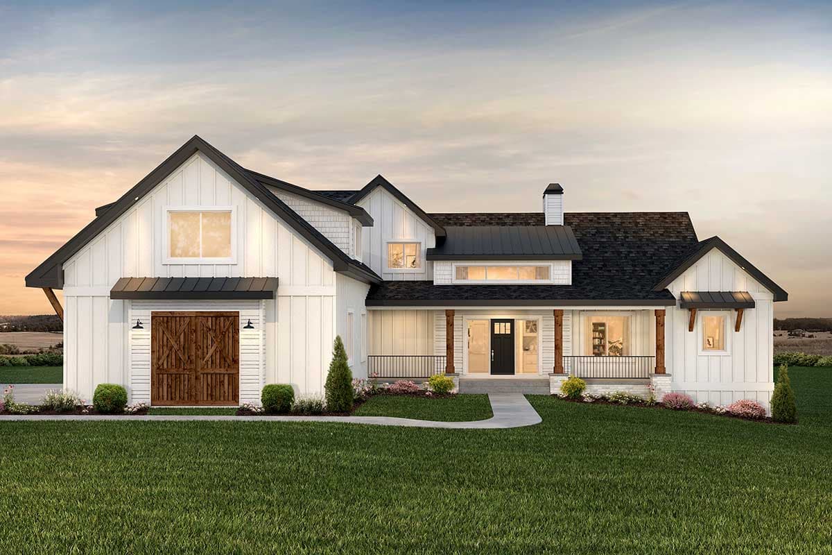 Modern farmhouse house plan exterior with gabled roof, board and batten siding, covered front porch, and double barn doors.