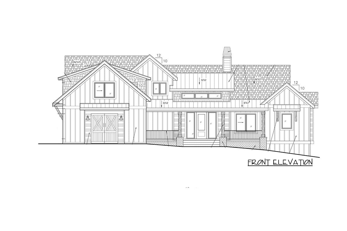Front elevation drawing of a modern farmhouse house plan with a large gable, prominent porch, and two-car garage with barn doors.